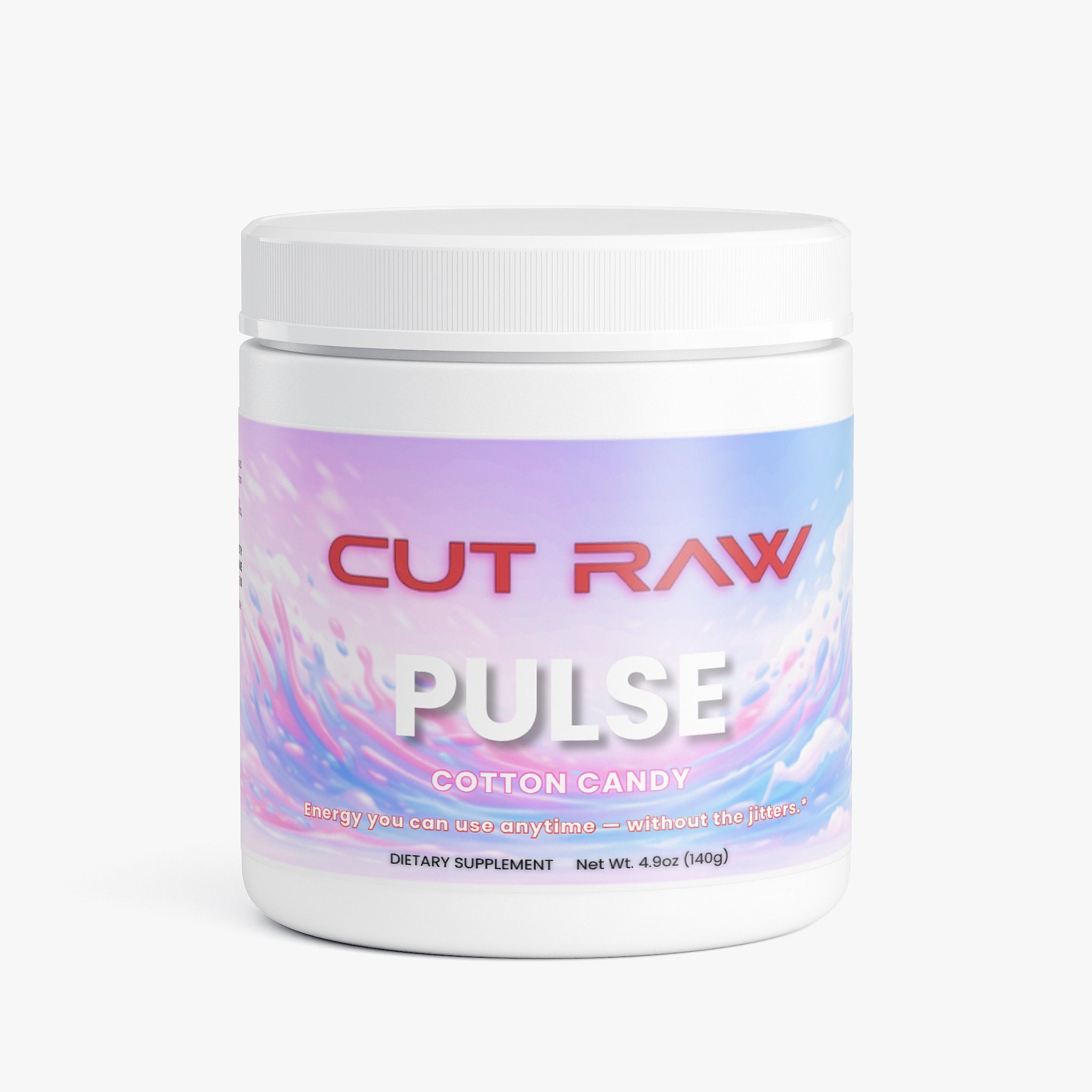 Supplement container of an Energy Drink Powder labeled 'Cut Raw Pulse Cotton Candy' on a white background.